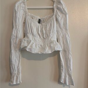 Divided White Smocked Peplum Long-Sleeve Top